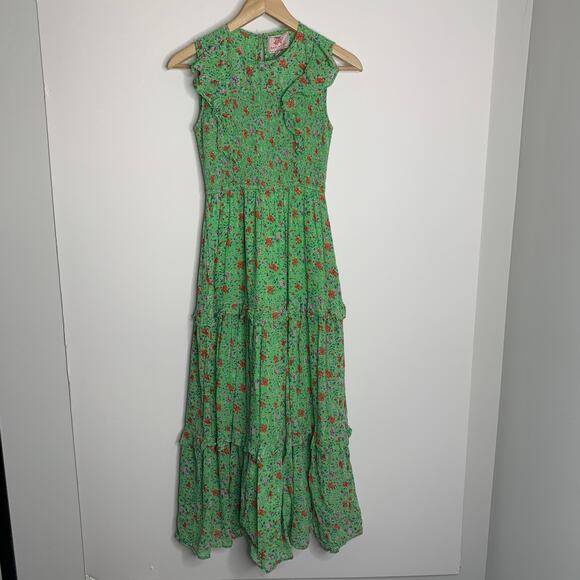 Banjanan Iris Floral Maxi Ruffle Tier Sleeveless Sheath Cotton Green Dress XS - Picture 3 of 16